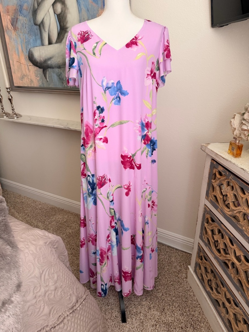 Chico's Pink Floral V-Neck Maxi Dress